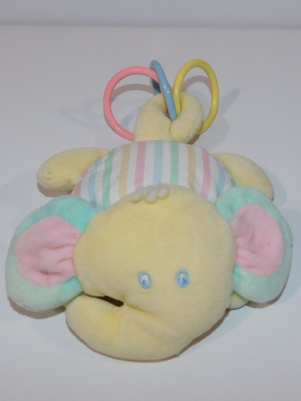 Rare Vintage Eden Yellow Striped Velour Elephant Plush Baby toy Rings Pastel 8"